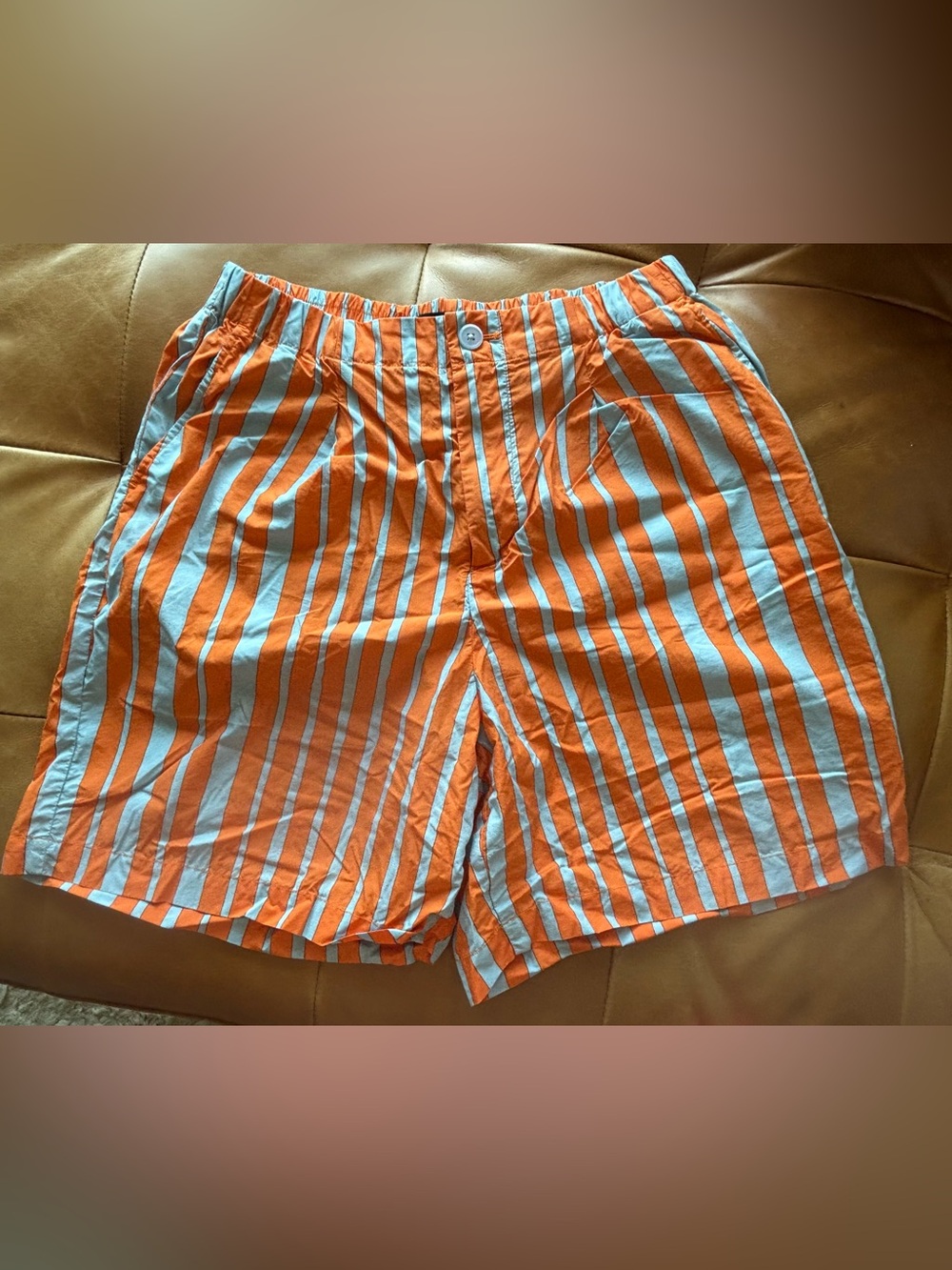 Marimekko x Uniqlo 100% Cotton Bermuda Shorts, Orange Stripe, Size Medium
